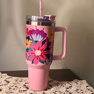Tumbler by Modern Expressions Vibrant Floral Pink Thermos with Straw NWOT